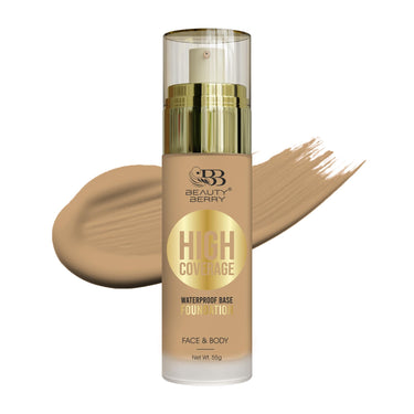 Beauty Berry High Coverage Waterproof Base Foundation | Oil Free, Long Wearing & Lightweight Foundation | Full Coverage Foundation for Face Makeup Enriched with Jojoba Seed Oil (06 - Medium Beige, 55g)